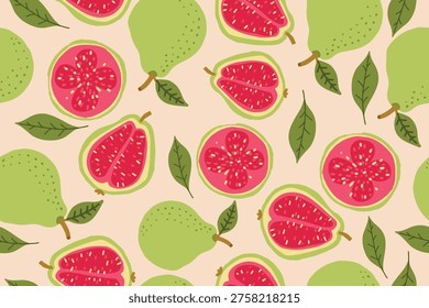 Seamless guava doodle pattern featuring hand drawn tropical fruit illustrations in playful style. Perfect for textile prints, packaging, wallpaper, and fresh food themed designs.
