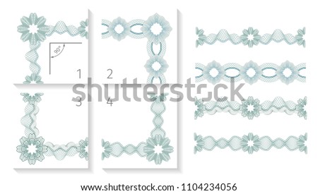 Seamless Guilloche Borders. Set of 4 corner and direct elements. For certificate or diploma, isolated. Vector illustration.