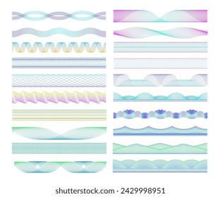 Separadores de guilloches sin costuras. Coloridos patrones de onda y líneas de espirografía elementos decorativos vector conjunto. Diferentes marcas de agua de seguridad para pasaporte o documentos legales aislados en blanco