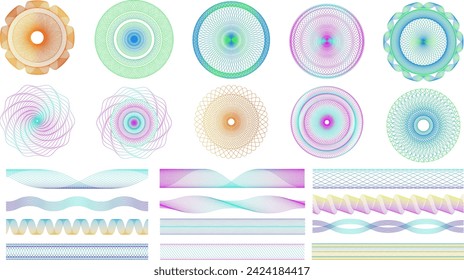 Patrones de guilloche sin foco. Espirografo formas radiales geométricas y líneas de borde divisores de arte decorativo conjunto de vectores. Sello de protección aislado para documentos legales y billetes