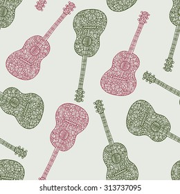 Seamless guitar pattern with hand drawn doodle ornate guitar illustrations