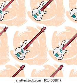 Seamless guitar pattern on an abstract beige background. Stringed instrument. Linear images of a cassette, a mediator, a vinyl, a star. For the design of music stores, rock music festivals. Vector