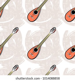 Seamless guitar pattern on abstract blue background. Stringed instrument. Linear images of a cassette, a mediator, a vinyl, a star. For the design of music stores, rock music festivals. Vector