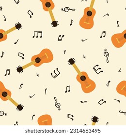 Patrón de guitarra sin foco. Ilustración de música vectorial con instrumentos musicales y notas