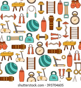 Seamless gym equipment background with hand drawn cartoon objects. Sport healthy life concept. Fitness equipment design. Fitness club, hotel gym background. Vector cartoon indoor gym equipment. 