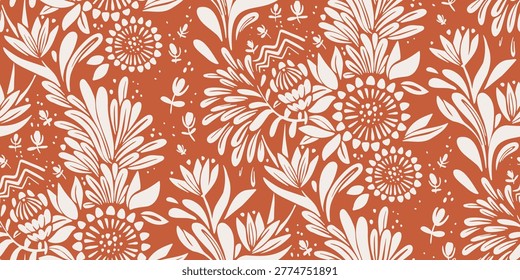 Seamless Half Drop Floral Pattern with Stylized Leaves in Terracotta Orange