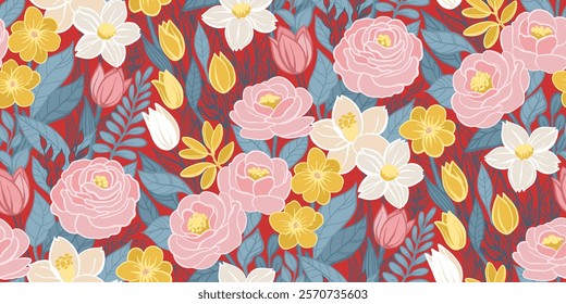 Seamless Half Drop Pattern of Flower Field Bright Pink, White, Yellow, Grey Colors on Red. Great for Textile, Surface, Wallpaper, Wrapping, Fabric, Decor Ornament, Craft Paper.