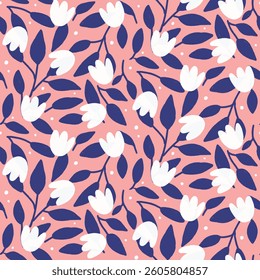 Seamless Half Drop Pattern of Flower Field White, Blue on Pink. Great for Textile, Surface, Wallpaper, Wrapping, Fabric, Decor Ornament, Craft Paper.