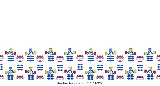 seamless half drop repeat border pattern with nordic flowers in blue yellow and red. Great for fabric, paper products, home decor, fashion, and more.