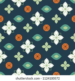Seamless half-drop repeat vector pattern- navy blue background with white geometric floral mandala elements, circular elements with line art simple mandalas and marquis shapes. Modern take on vintage.