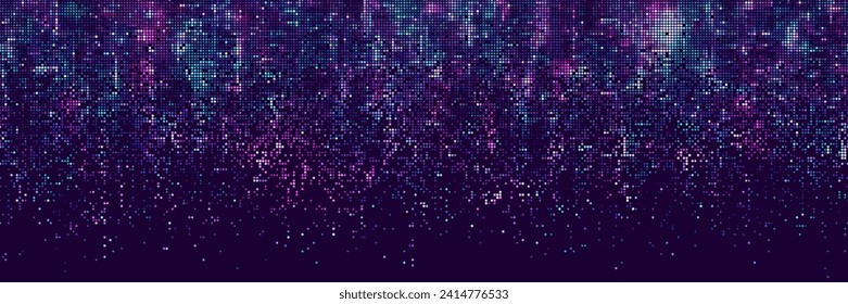 Seamless halftone dotted digital technology wide background with futuristic neon light and faded effect. Cyberpunk and retrowave design for technology, hi-tech and science concept. Vector illustration