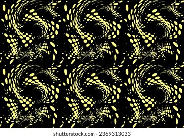 Seamless halftone dotted swirl pattern. Golden polka dots on black. Vector.