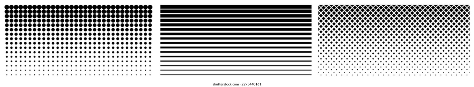 Seamless halftone gradient. Black screentone graphics. Abstract geometric black and white graphic design print pattern.