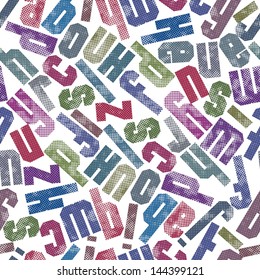 Seamless halftone print textured background with alphabet letters. 