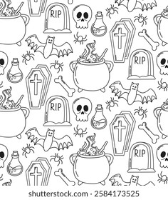 Seamless Halloween background in doodle style. Black and white pattern with spooky elements