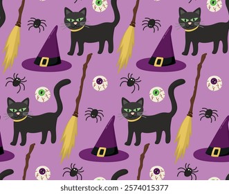 Seamless Halloween background with eyeball, witch hat, broom, spiders and black cat. Purple pattern with spooky witch attributes