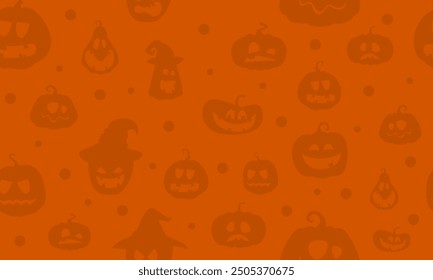 A seamless Halloween background featuring spooky pumpkin faces in various expressions and witch hats on an orange backdrop. Ideal for Halloween-themed designs, decorations, and festive projects.