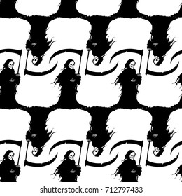 Seamless halloween background. The figure of death in a black shroud and scythe in hand. Design for Happy Halloween wrapping paper or wallpaper. Cartoon style. Doodles. Vector illustration.