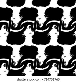 Seamless halloween background. The figure of death in a black shroud and scythe in hand. Design for Happy Halloween wrapping paper or wallpaper. Cartoon style. Doodles. Vector illustration.