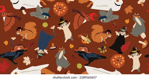 Seamless halloween background with funny animals in masquerade  costumes. Tricks and treats pumpkin. Vector design for paper, fabric and other surface