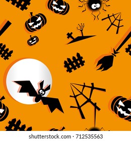 Seamless halloween background. Funny pumpkin, ghost, bat, scary tree, spider, crosses, skeleton, castle, moon, stars isolated on orange background. Vector illustration in flat paper applique style