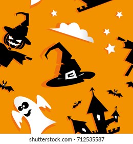 Seamless halloween background. Funny pumpkin, ghost, bat, scary tree, spider, crosses, skeleton, castle, moon, stars isolated on orange background. Vector illustration in flat paper applique style