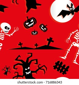 Seamless halloween background. Funny pumpkin, ghost, bat, scary tree, spider, crosses, skeleton, castle, moon, stars isolated on orange background. Vector illustration in flat paper applique style