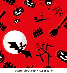 Seamless halloween background. Funny pumpkin, ghost, bat, scary tree, spider, crosses, skeleton, castle, moon, stars isolated on orange background. Vector illustration in flat paper applique style