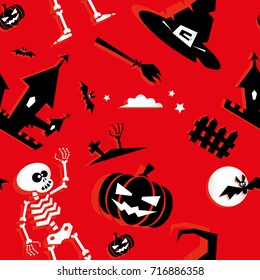 Seamless halloween background. Funny pumpkin, ghost, bat, scary tree, spider, crosses, skeleton, castle, moon, stars isolated on orange background. Vector illustration in flat paper applique style