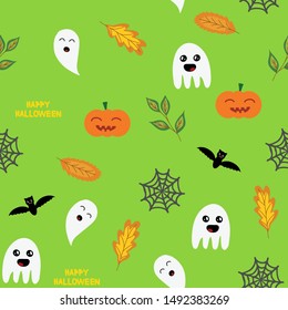 Seamless halloween background with ghosts, pumpkin,  spider web and autumn leaves, in green, vector illustration