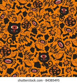 Seamless Halloween background with monsters. Vector texture for your holiday design.