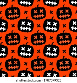 Seamless Halloween background for packaging. Halloween pumpkin with glued eyes and mouth on an orange background 