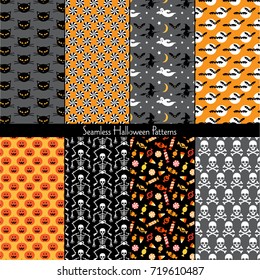 seamless halloween background patterns with candy, skeletons, cats, pumpkins, bats, and witches