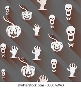 Seamless Halloween background. Pumpkin, skull and contorted hands with Long shadows on a gray backdrop.  Vector illustration
