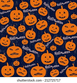 Seamless Halloween background with the pumpkins on blue, vector illustration