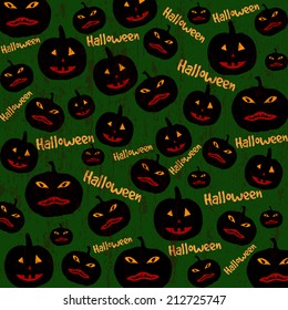 Seamless Halloween background with the pumpkins on green, vector illustration