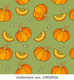 Seamless Halloween background with pumpkins and seeds. Can be used for web page backgrounds, textile designs, fills, banners, cards, sale posters.