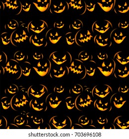 Seamless Halloween background with the terrible pumpkins coming from darkness