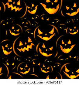 Seamless Halloween background with the terrible pumpkins coming from darkness