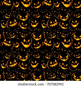 Seamless Halloween background with the terrible pumpkins coming from darkness