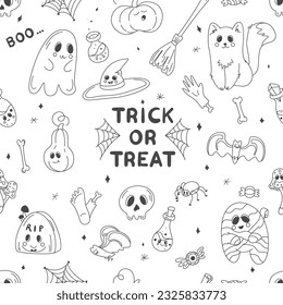 Fondo de Halloween sin foco, tema de Halloween, garabatos de Halloween, conjunto de elementos de Halloween, fantasma, momia, calavera, zombie, silueta de una araña, telaraña, 