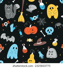 Fondo de Halloween sin foco, tema de Halloween, garabatos de Halloween, conjunto de elementos de Halloween, fantasma, momia, calavera, zombie, silueta de una araña, telaraña, 