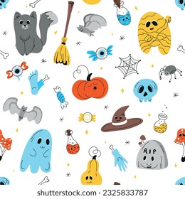 Seamless Halloween background, Halloween theme, Halloween doodles, set of Halloween elements, ghost, mummy, skull, zombie, silhouette of a spider, cobweb, 