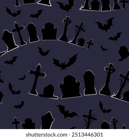 Fondo de Halloween sin fisuras, Ilustración vectorial de un patrón repetitivo con muchas lápidas, cruces y murciélagos sobre un fondo oscuro