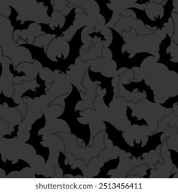 seamless Halloween background, vector illustration of a repeating pattern with lots of bats on a dark background, black silhouettes of bats