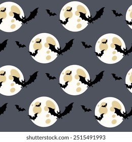 seamless Halloween background, vector illustration of a repeating pattern with lots of bats and moons on a dark backdrop