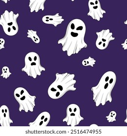 seamless Halloween background. vector illustration of a repeating pattern with lots cute ghost on a dark purple backdrop.
