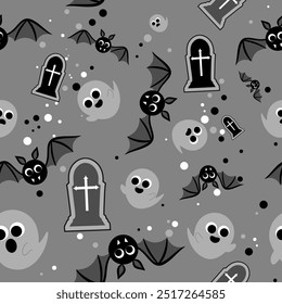 seamless Halloween background. vector illustration of a repeating pattern with lots of very cute ghost, round bats and tombstones. monochrome en grey tones