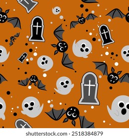 seamless Halloween background. vector illustration of a repeating pattern with lots of very cute ghost, round bats and tombstones. on a pumpkin orange backdrop