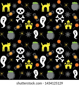Seamless Halloween background. Vector. Skull, spiderweb, castle, cat, sweets